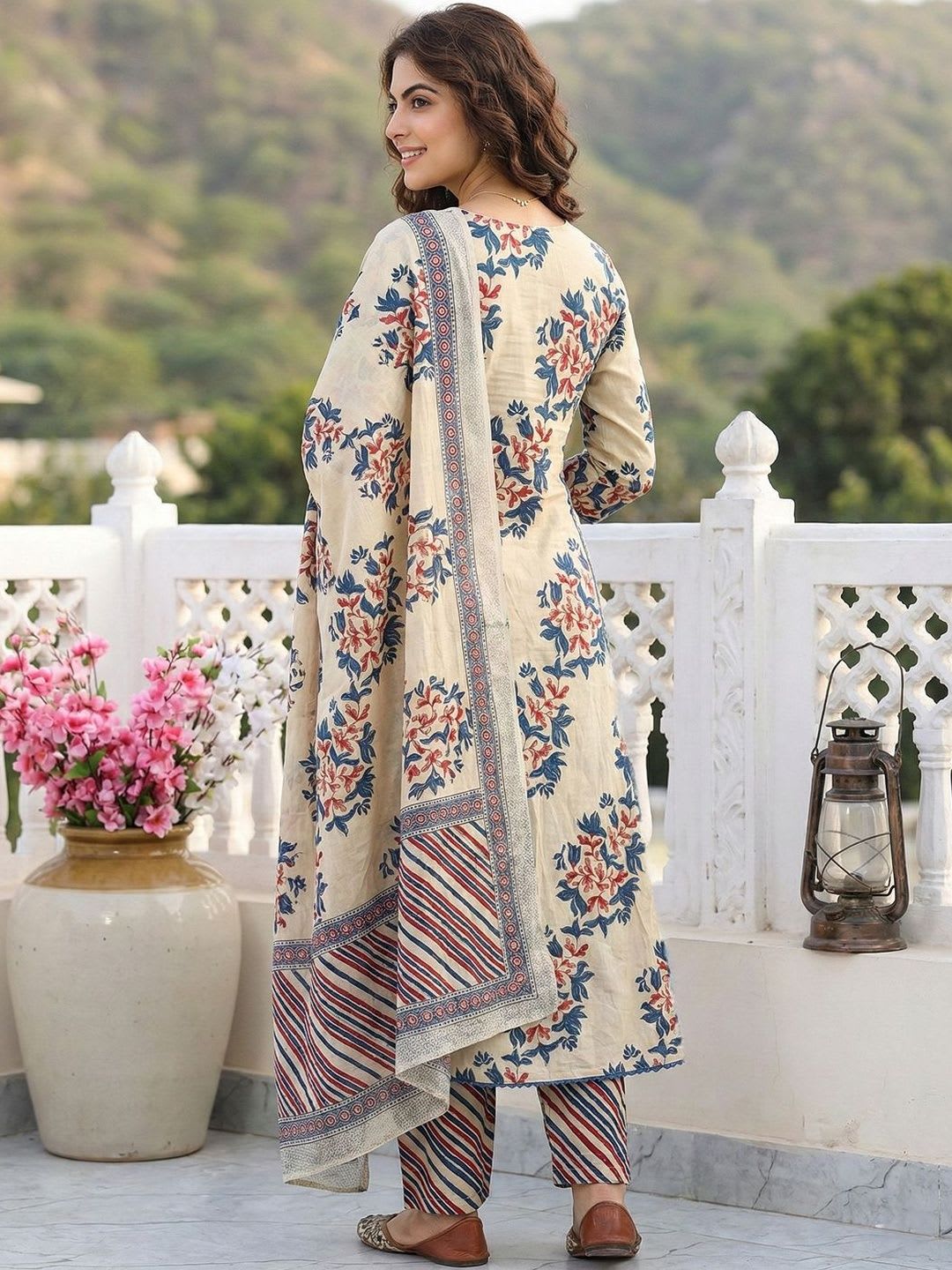 Anouk Women Floral Printed Regular Pure Cotton Kurta with Churidar & With Dupatta - back view