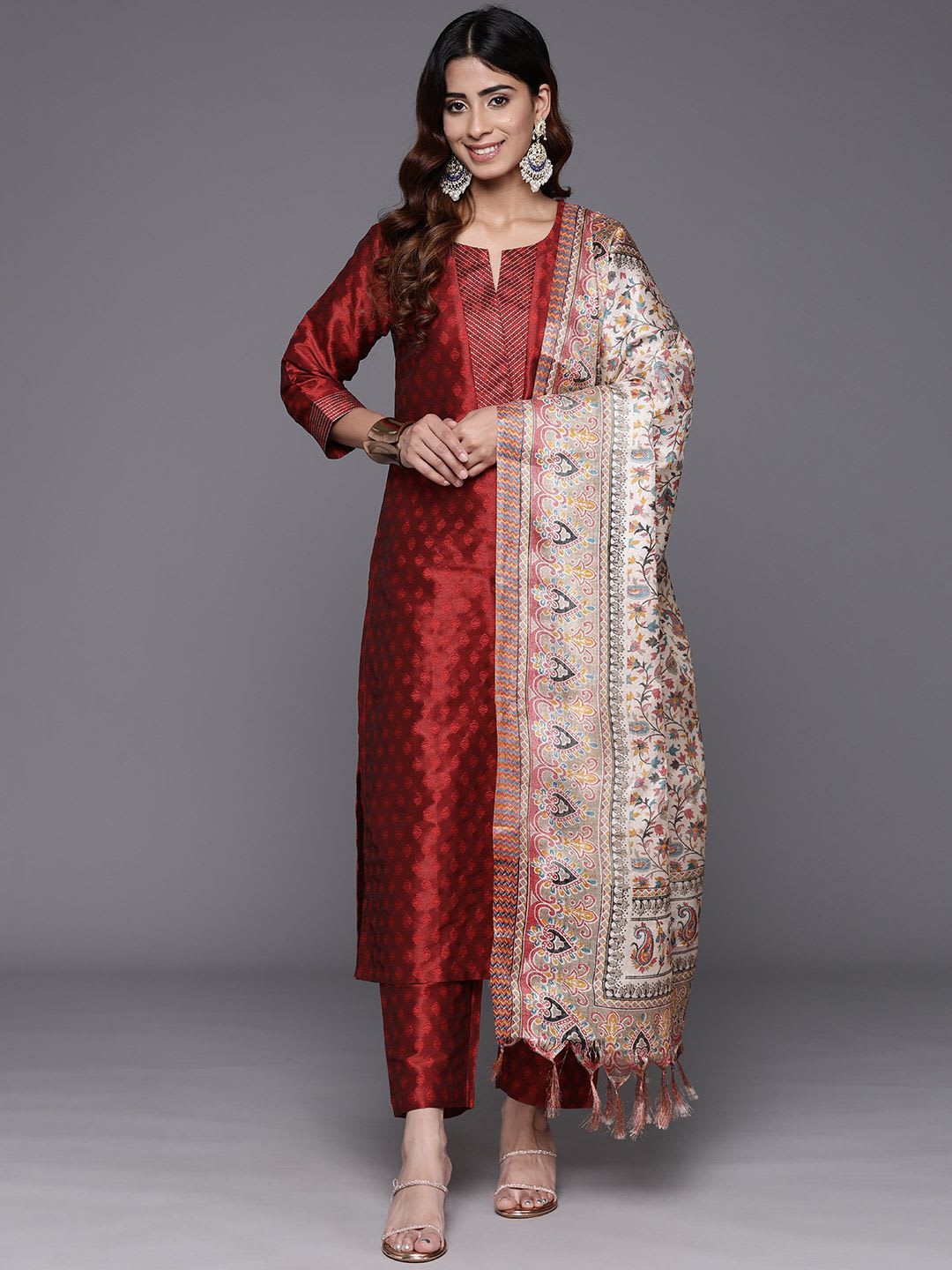 Varanga Maroon Zari Work textured Kurta with Trouser and Printed Dupatta - default view
