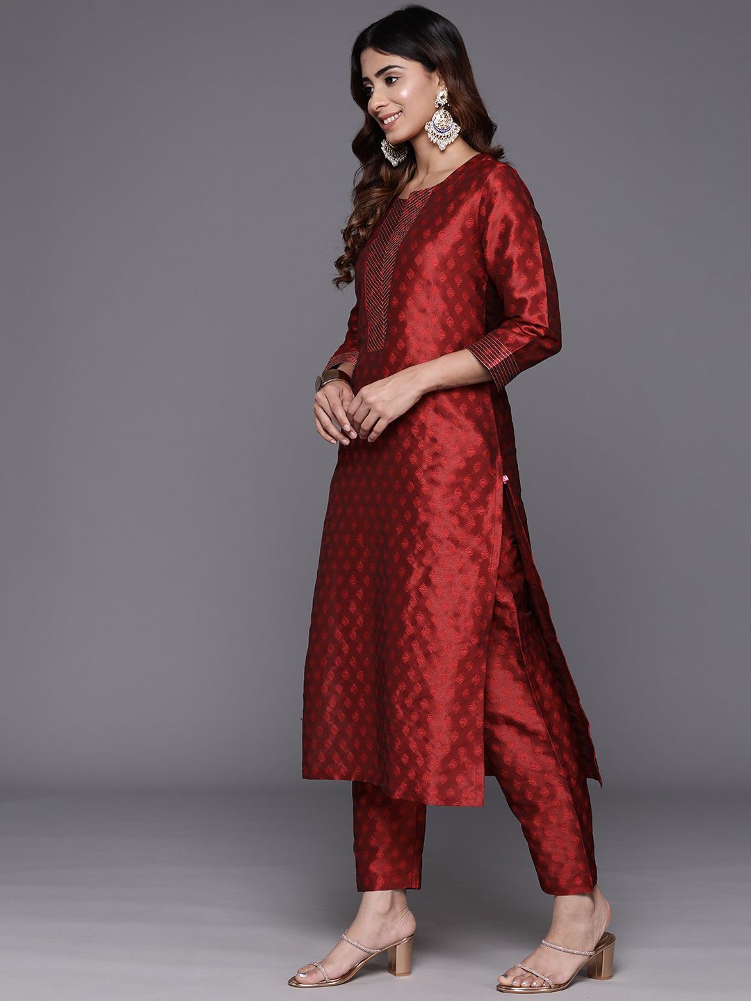 Varanga Maroon Zari Work textured Kurta with Trouser and Printed Dupatta - left view