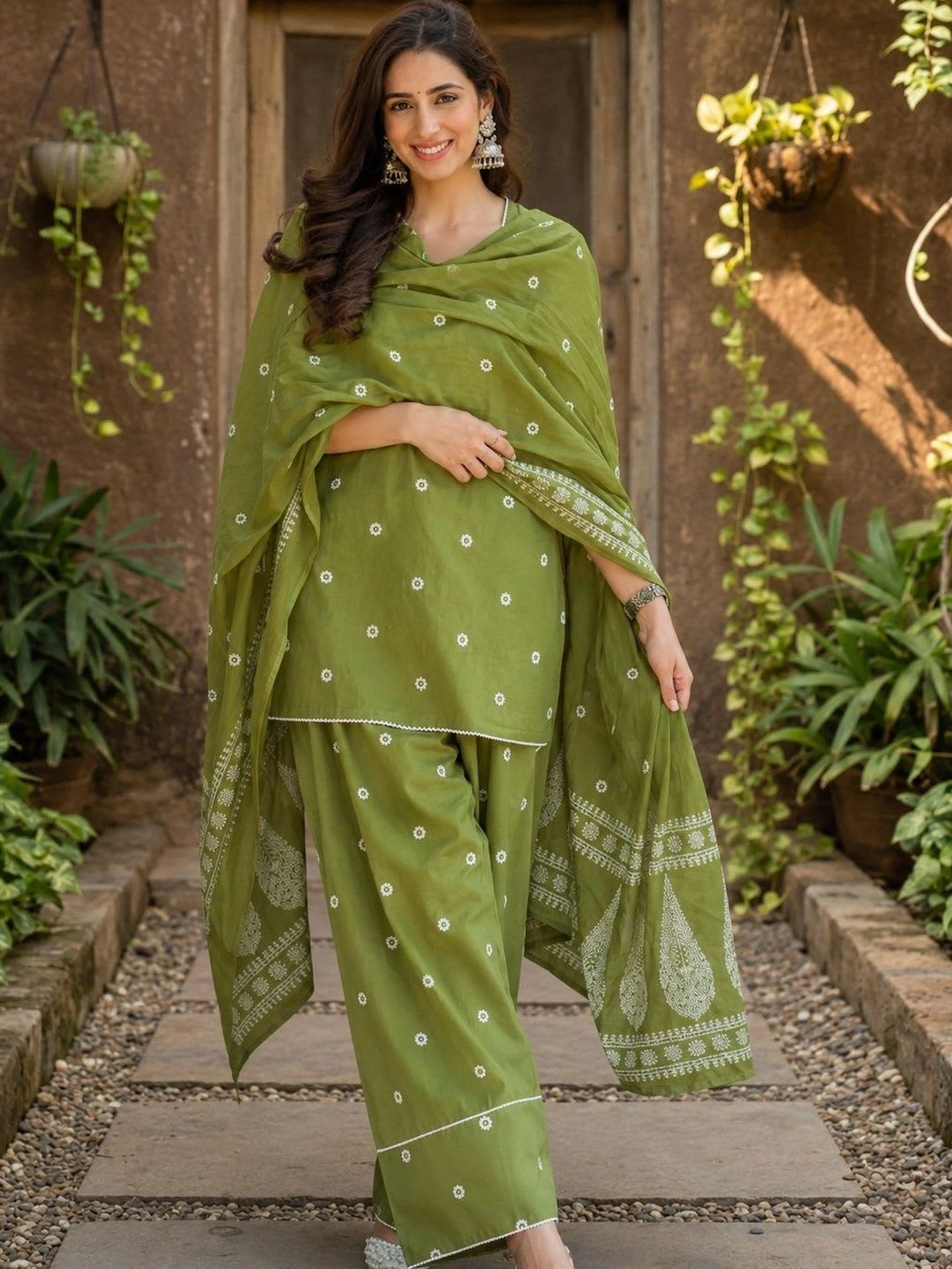 Aaghnya GoSriKi Women's Green Cotton Blend Ptinted Straight Short Kurta With Farshi Salwar Set - right view