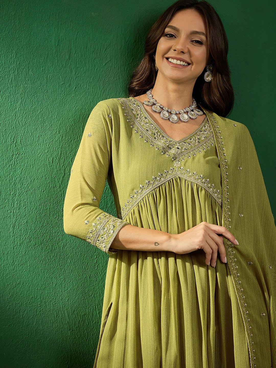 Sangria Alia Cut Embroidered V-Neck Kurta With Trousers & Dupatta - default view