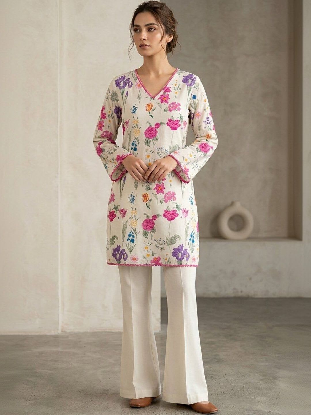 Anouk Floral Embroidered Thread Work V-Neck Pure Cotton Kurti with Trousers - default view