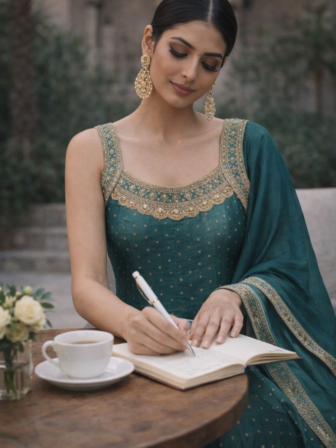 House of Pataudi Embroidered Kurta & Trousers With Dupatta Kurta Sets - back view