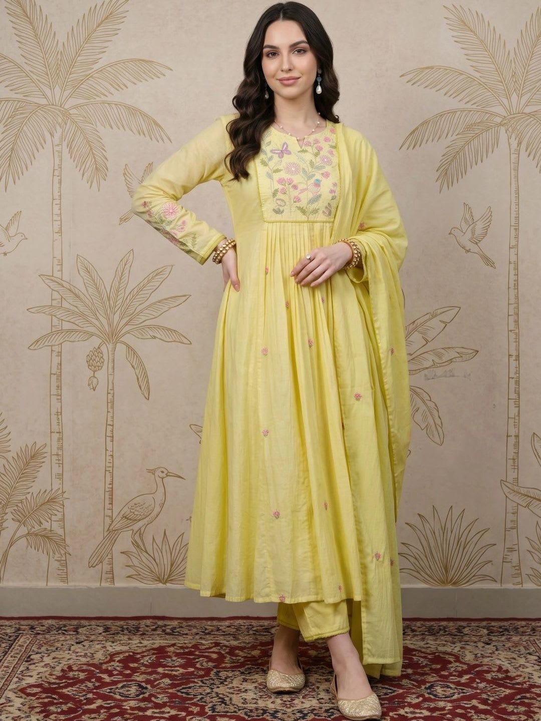 Sangria Women Floral Embroidered Empire Thread Work Pure Silk Kurta with Trousers & With Dupatta - default view