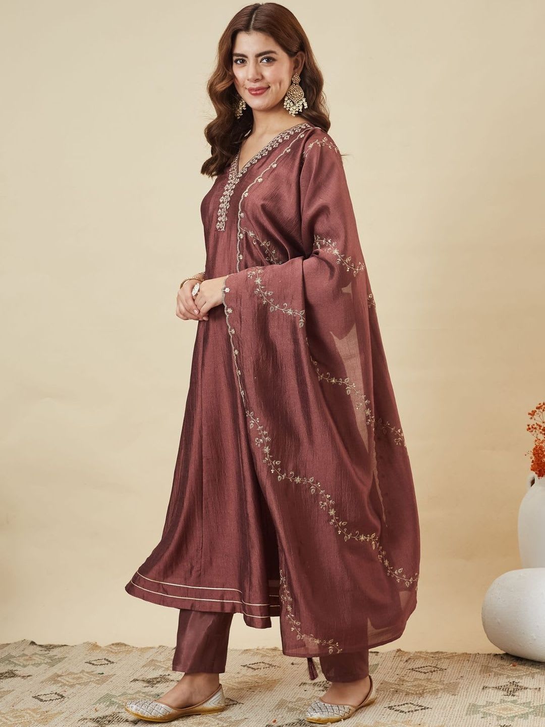MOKOSH Women Silk Embroidered Anarkali Kurta And Pant Set With Dupatta - default view