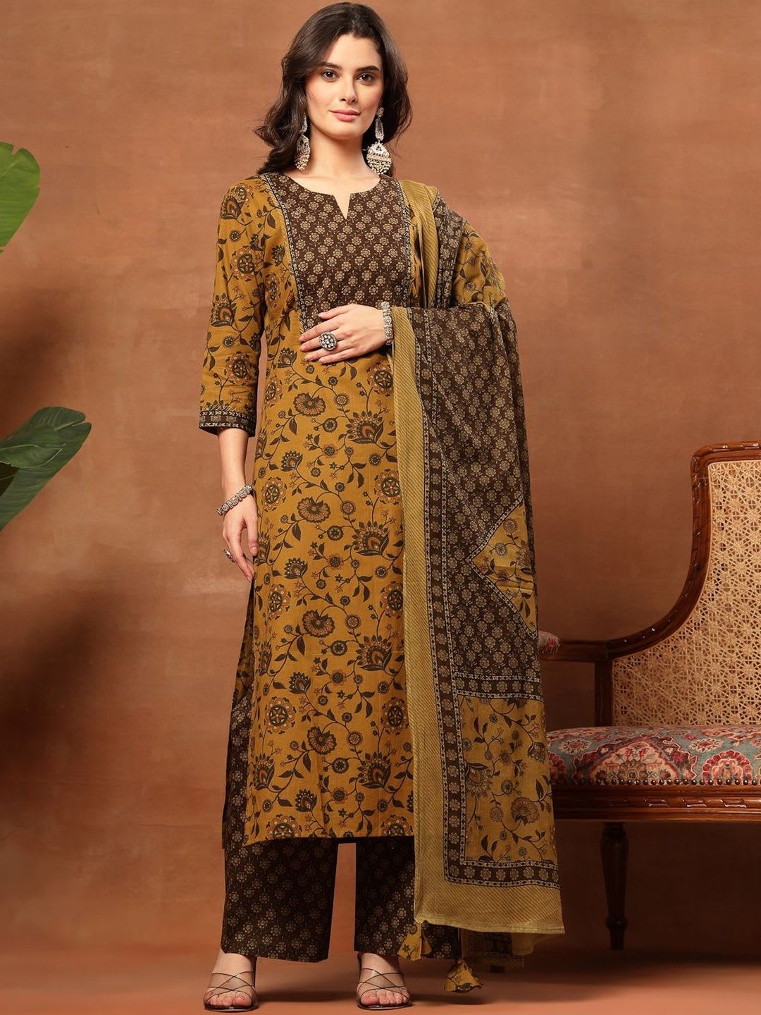 Sangria Printed Pure Cotton Round Neck Kurta & Palazzos With Dupatta - back view