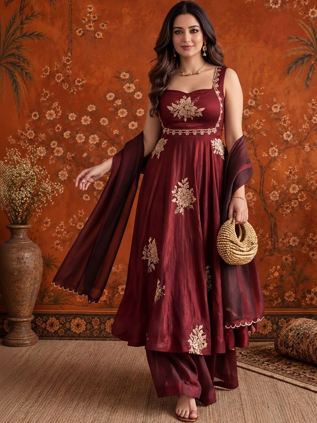 Sangria Women Ethnic Motifs Embroidered Empire Thread Work Kurta with Palazzos & With Dupatta - default view