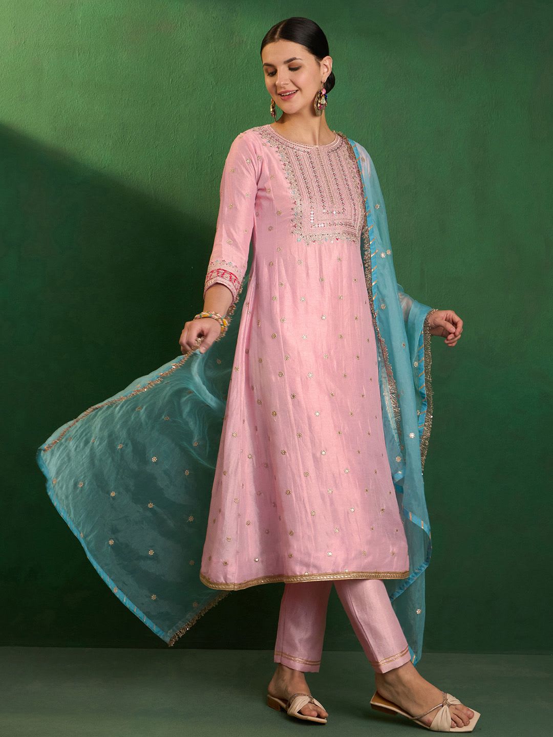 Sangria Sequin Embroidered Straight Kurta With Trouser & Dupatta - default view