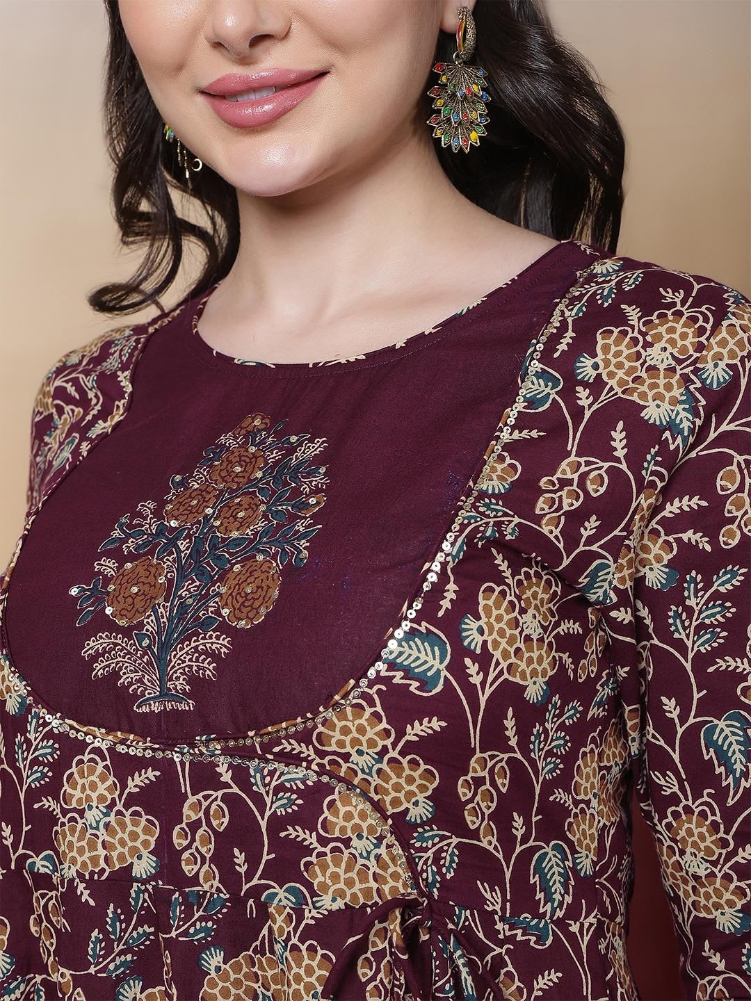 KIMAYRA Women Burgundy Pure Cotton Kurta Sets - left view
