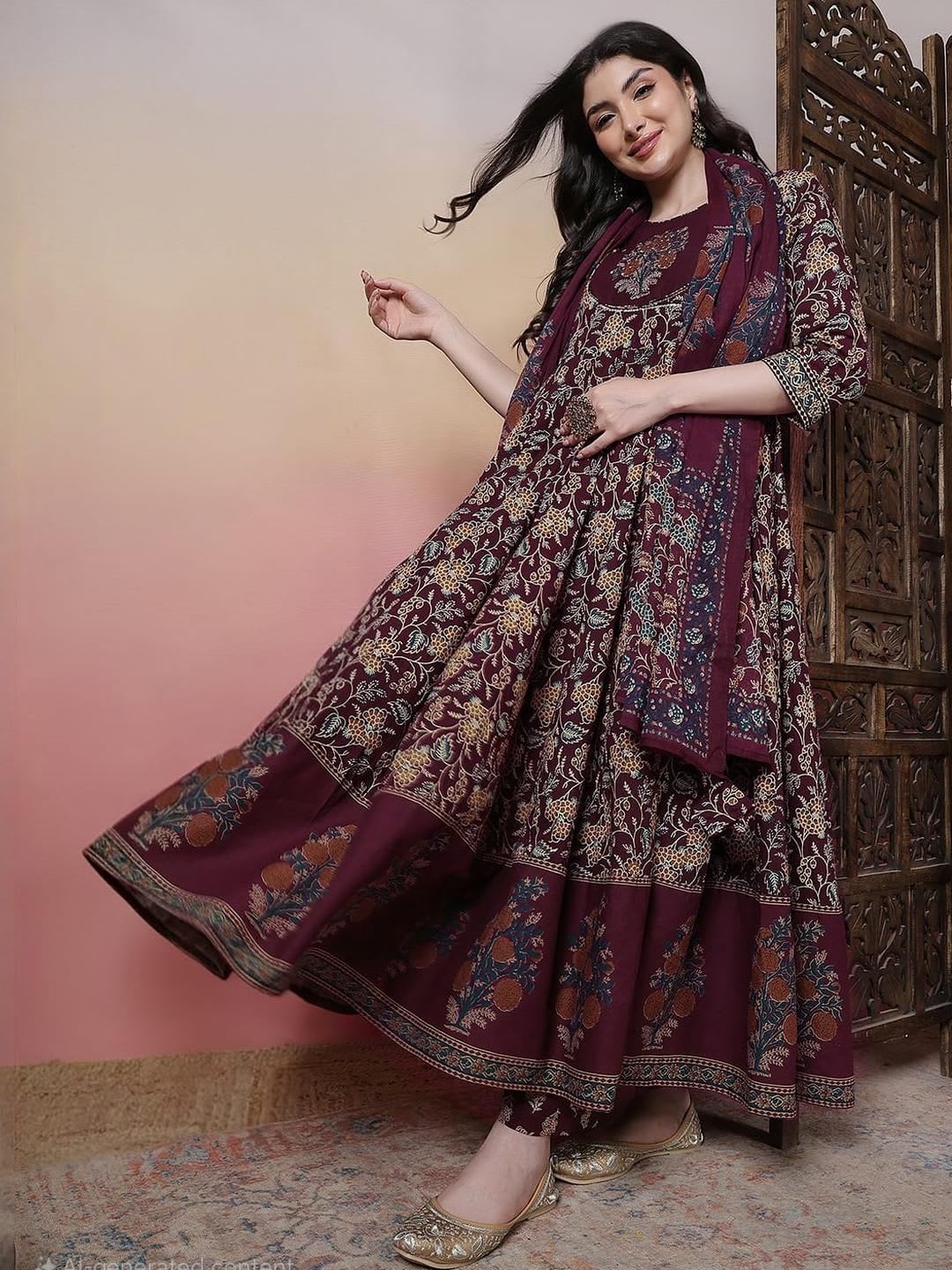 KIMAYRA Women Burgundy Pure Cotton Kurta Sets - back view