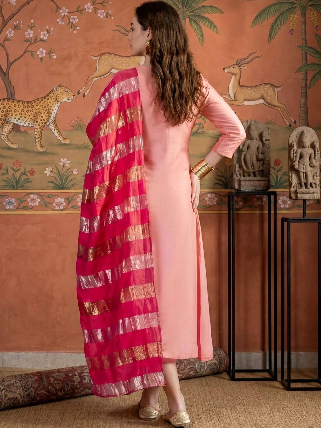 Sangria Women Ethnic Motifs Embroidered Regular Kurta with Trousers & With Dupatta - back view