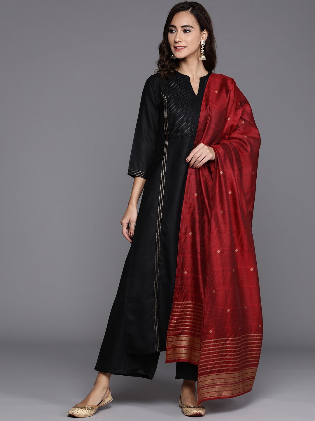 Gerua By Libas Women Black Yoke Design Panelled Kurta with Palazzos & Dupatta - default view