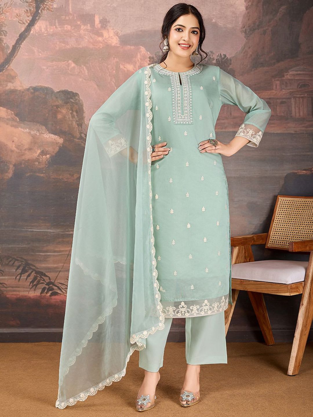 House of Pataudi Ethnic Motifs Embroidered Notch Neck Kurta & Trousers With Dupatta - left view