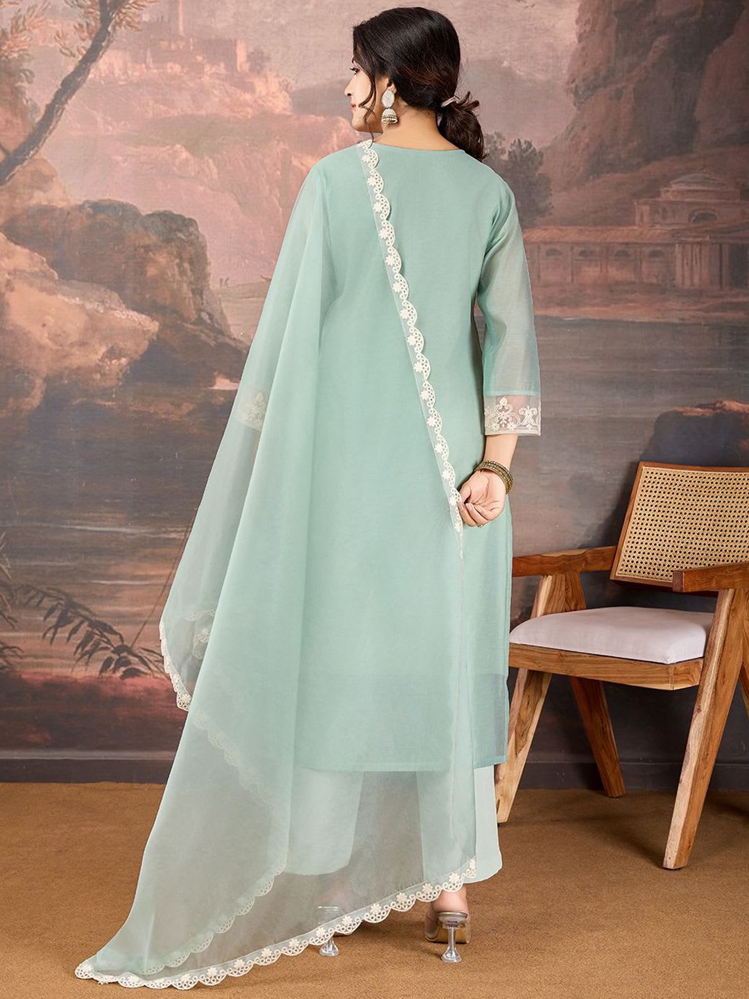 House of Pataudi Ethnic Motifs Embroidered Notch Neck Kurta & Trousers With Dupatta - right view