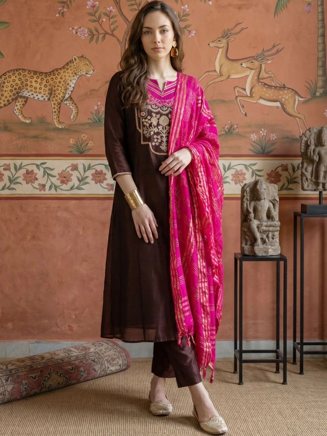 Sangria Women Ethnic Motifs Embroidered Regular Thread Work Kurta with Trousers & With Dupatta - default view