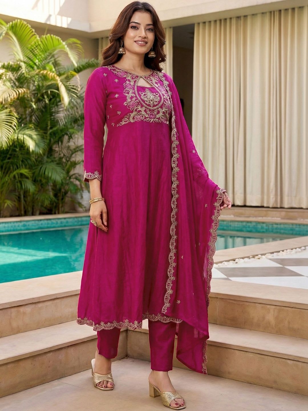 ASPORA Women Ethnic Motifs Embroidered Empire Thread Work Kurta with Trousers & With Dupatta - back view
