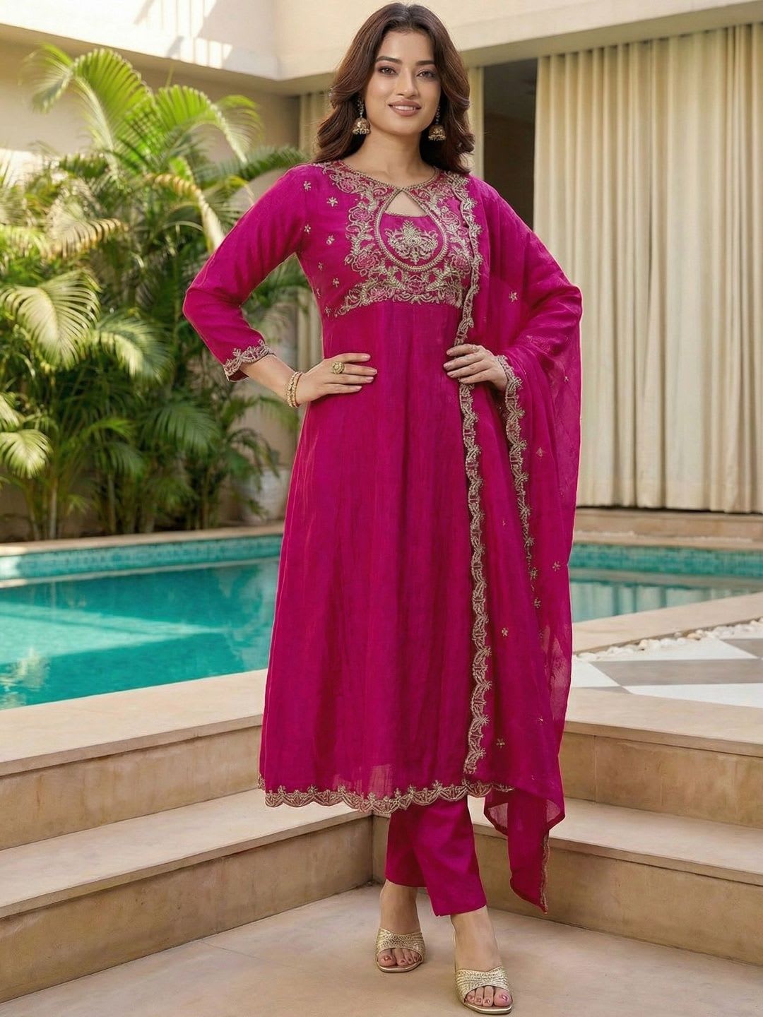 ASPORA Women Ethnic Motifs Embroidered Empire Thread Work Kurta with Trousers & With Dupatta - right view