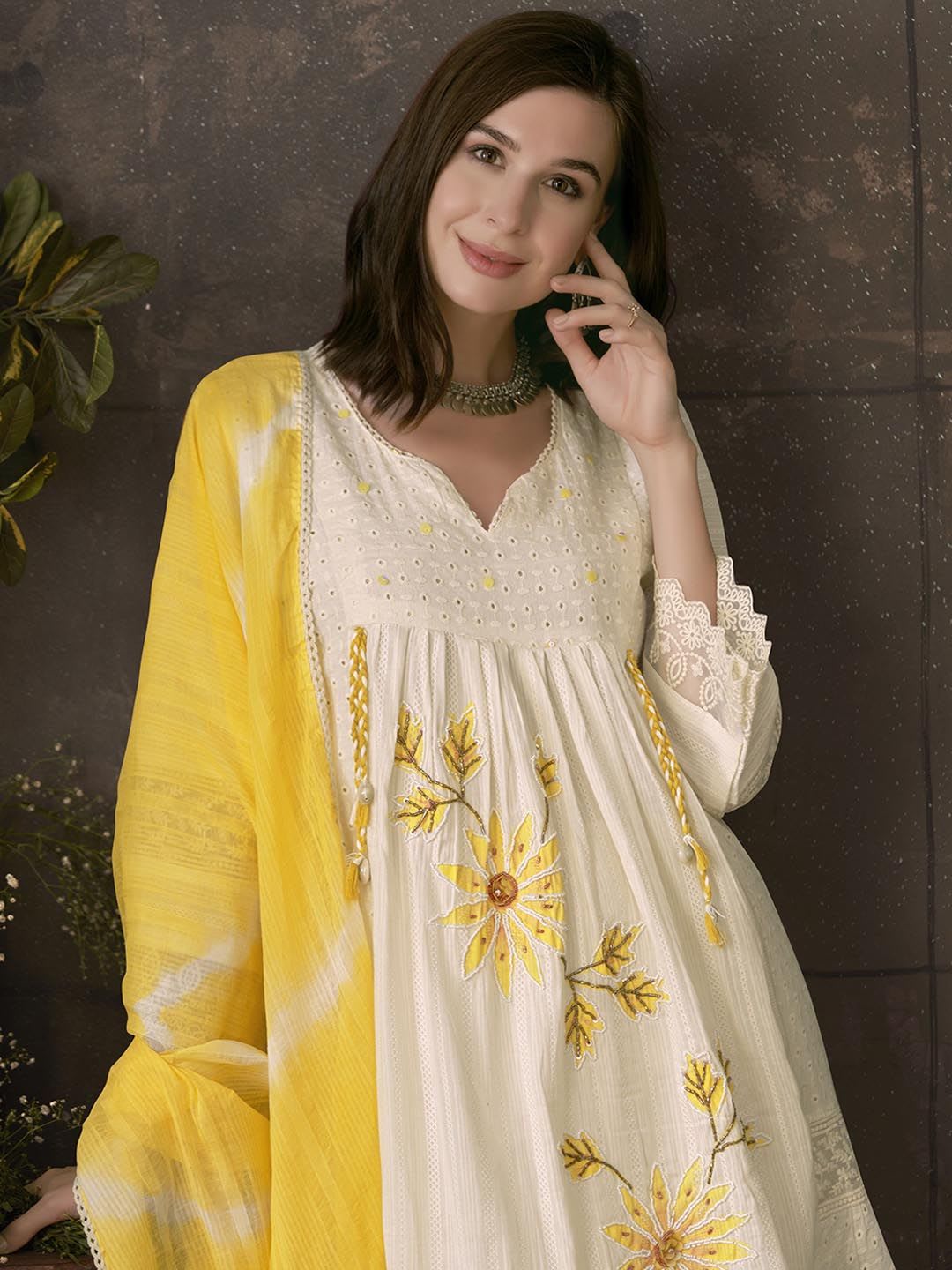 Anouk Embroidered Pleated Chikankari Pure Cotton A-Line Kurta With Trousers & Dupatta - default view