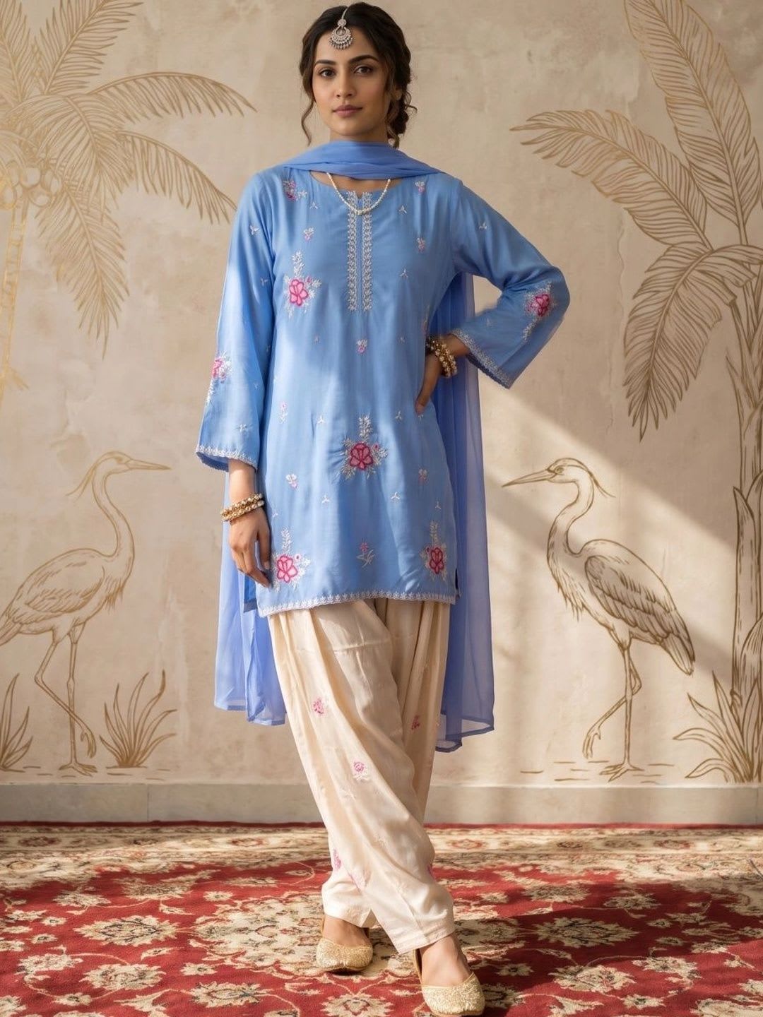 Sangria Women Ethnic Motifs Embroidered Regular Kurta with Salwar & With Dupatta - default view