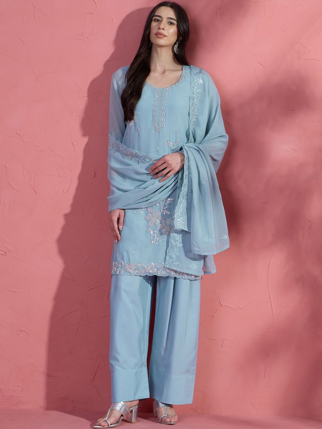 House of Pataudi Embroidered Round Neck Kurta & Trousers With Dupatta - default view