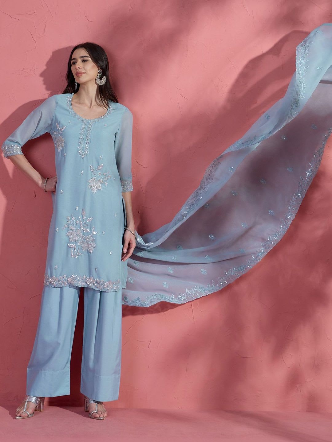 House of Pataudi Embroidered Round Neck Kurta & Trousers With Dupatta - right view