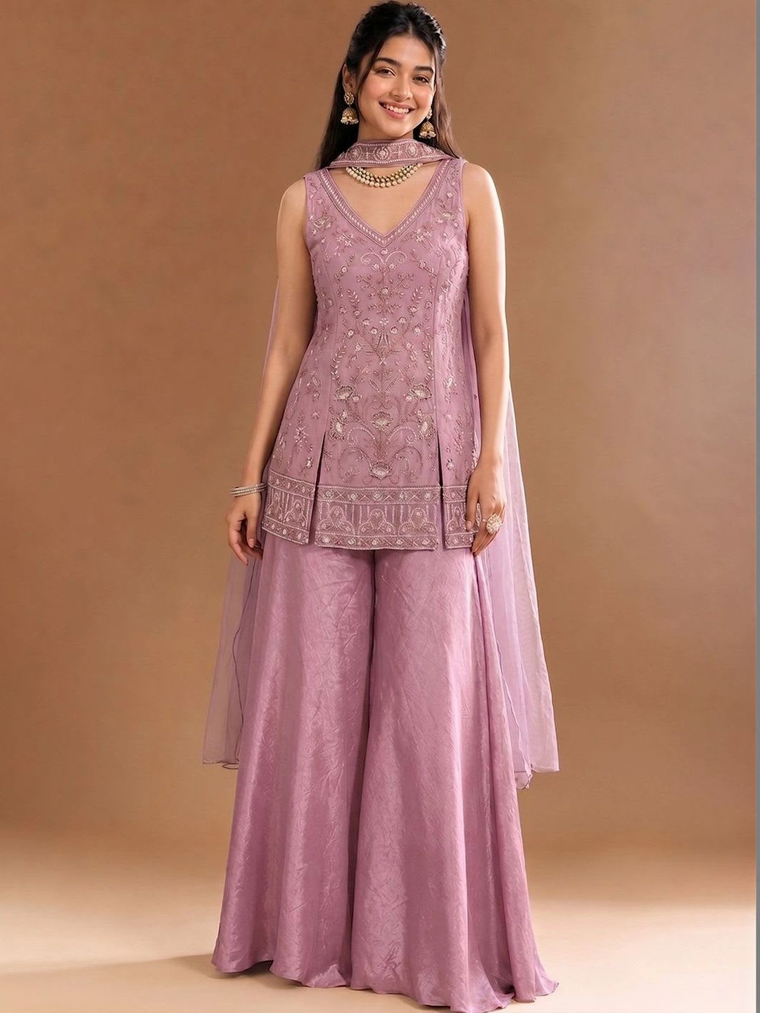 Varanga Women Ethnic Motifs Embroidered Panelled Kurta with Sharara & With Dupatta - default view