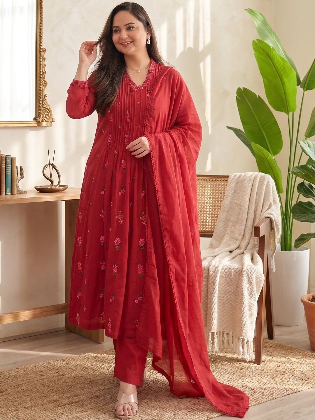 Anouk Rustic Women Floral Embroidered Regular Thread Work Kurta with Trousers & With Dupatta - default view