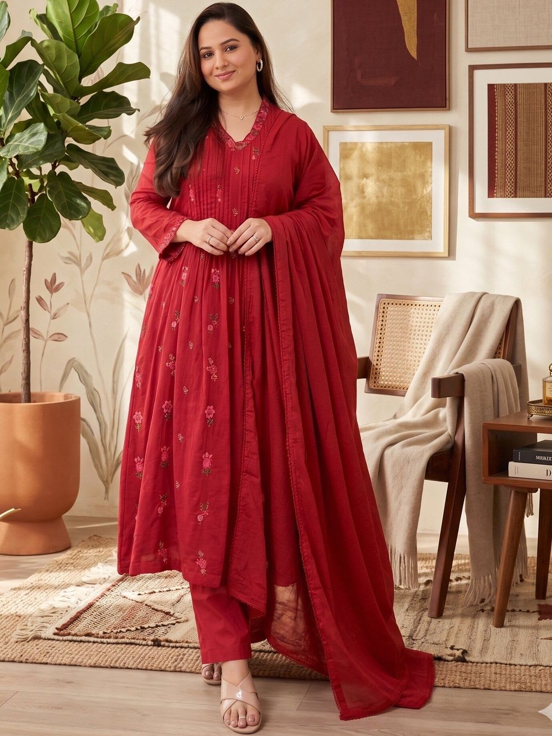 Anouk Rustic Women Floral Embroidered Regular Thread Work Kurta with Trousers & With Dupatta - back view
