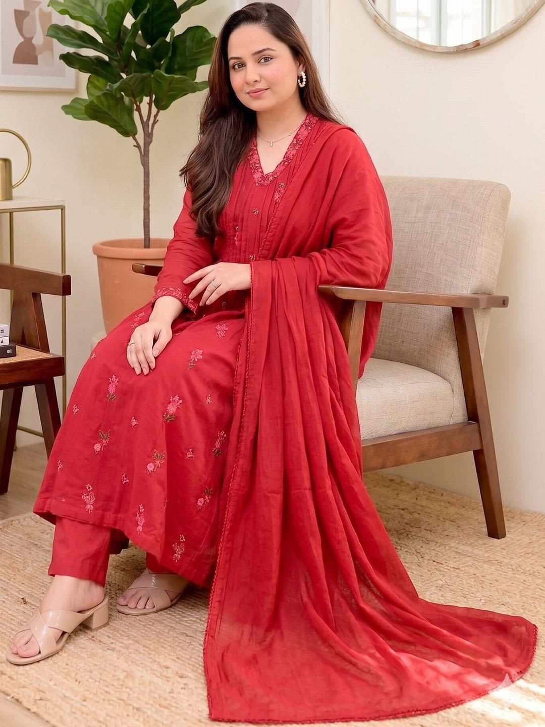 Anouk Rustic Women Floral Embroidered Regular Thread Work Kurta with Trousers & With Dupatta - right view
