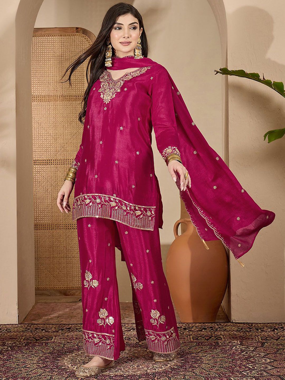 Sangria Zari Sequence Thread Embroidered Straight Kurta With Palazzos & Dupatta - default view