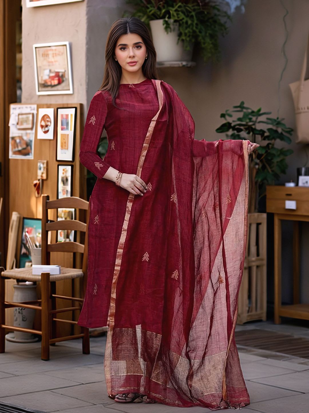 Aaghnya Women Printed Straight Kurta with Trousers & Dupatta - right view