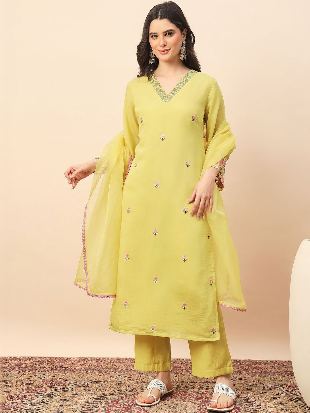 House of Pataudi Embroidered V-Neck Straight Kurta & Trousers With Dupatta - default view