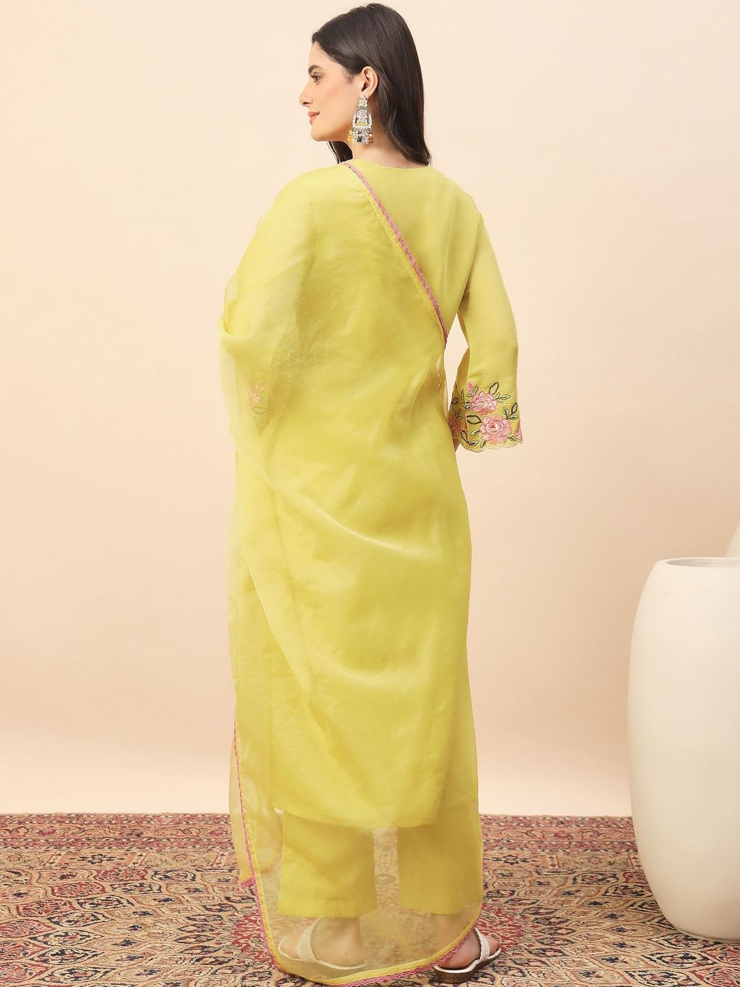 House of Pataudi Embroidered V-Neck Straight Kurta & Trousers With Dupatta - back view