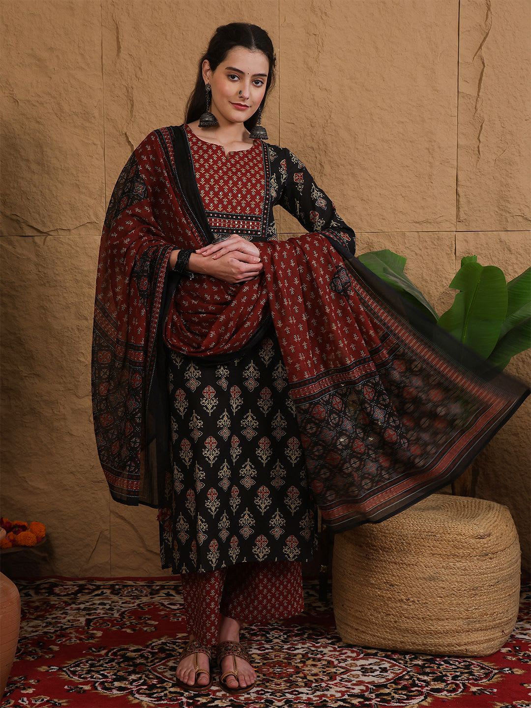 Sangria Women Ethnic Motifs Printed Sequinned Pure Cotton Kurta Set With Dupatta - default view