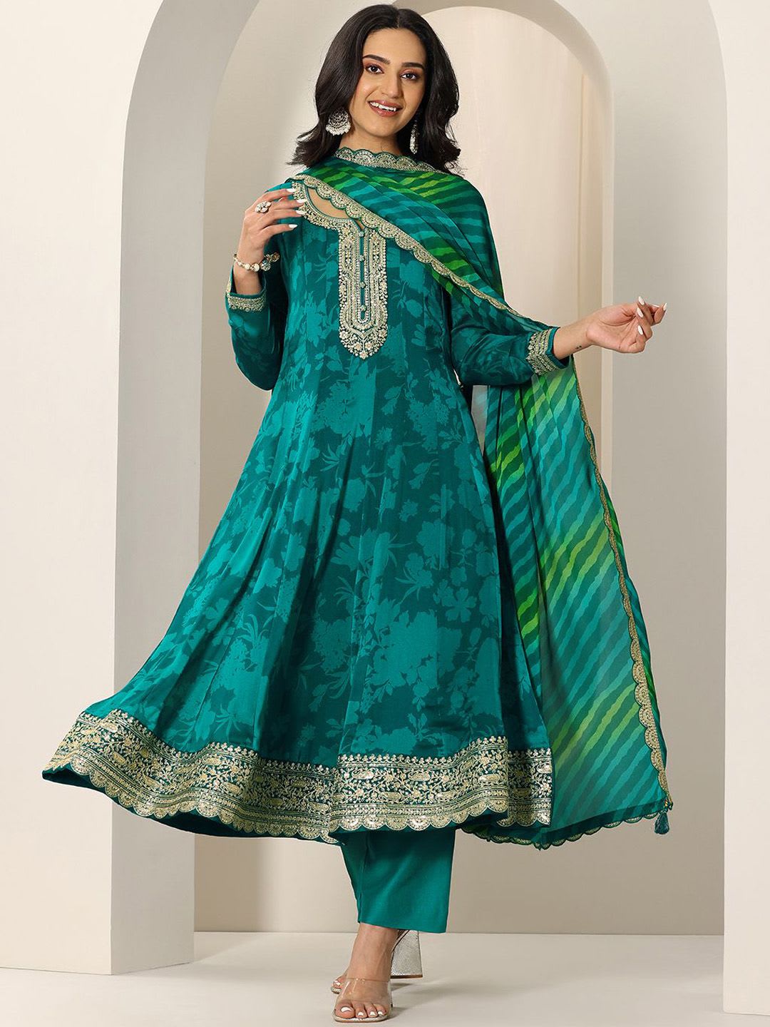 Libas Womens Green Printed Chiffon Anarkali Kurta With Trousers & Dupatta - default view