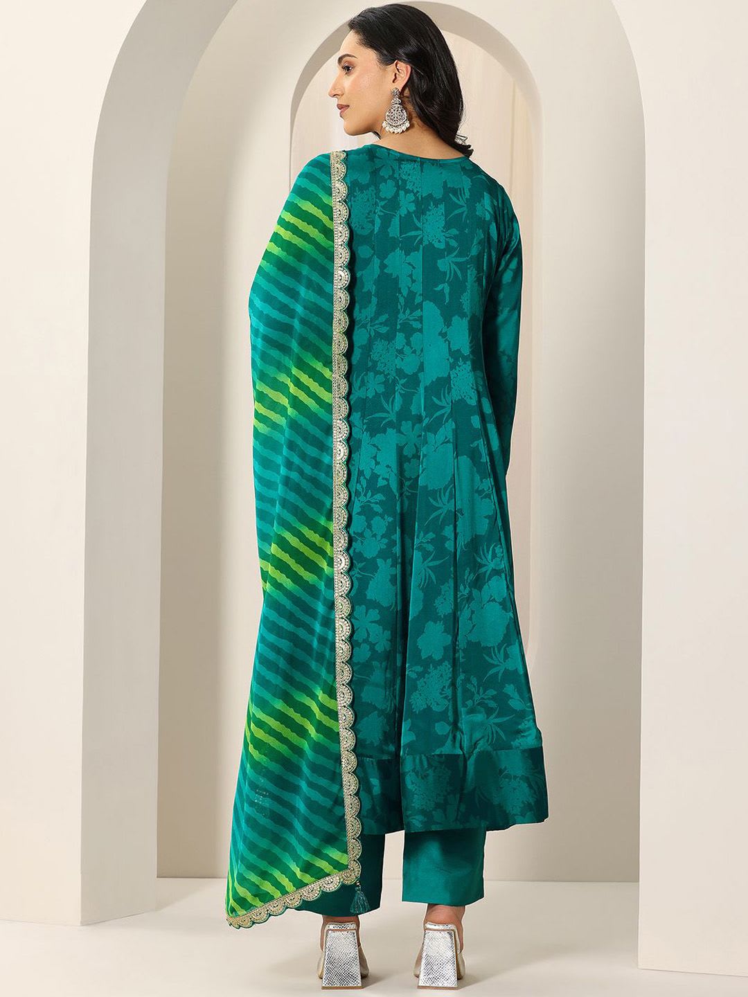Libas Womens Green Printed Chiffon Anarkali Kurta With Trousers & Dupatta - left view