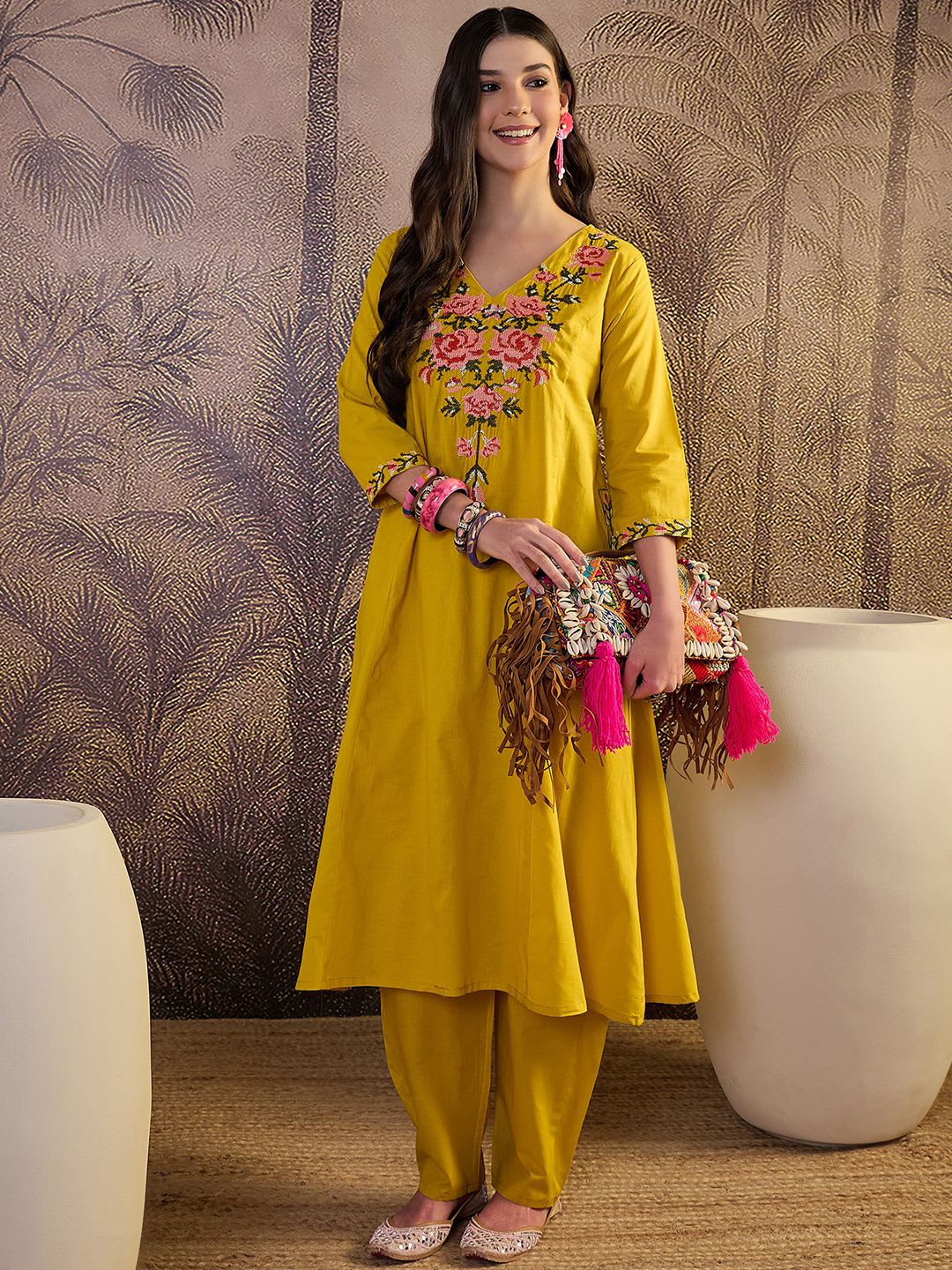 Sangria Women Floral Embroidered Regular Pure Cotton Straight Kurta with Palazzos - back view