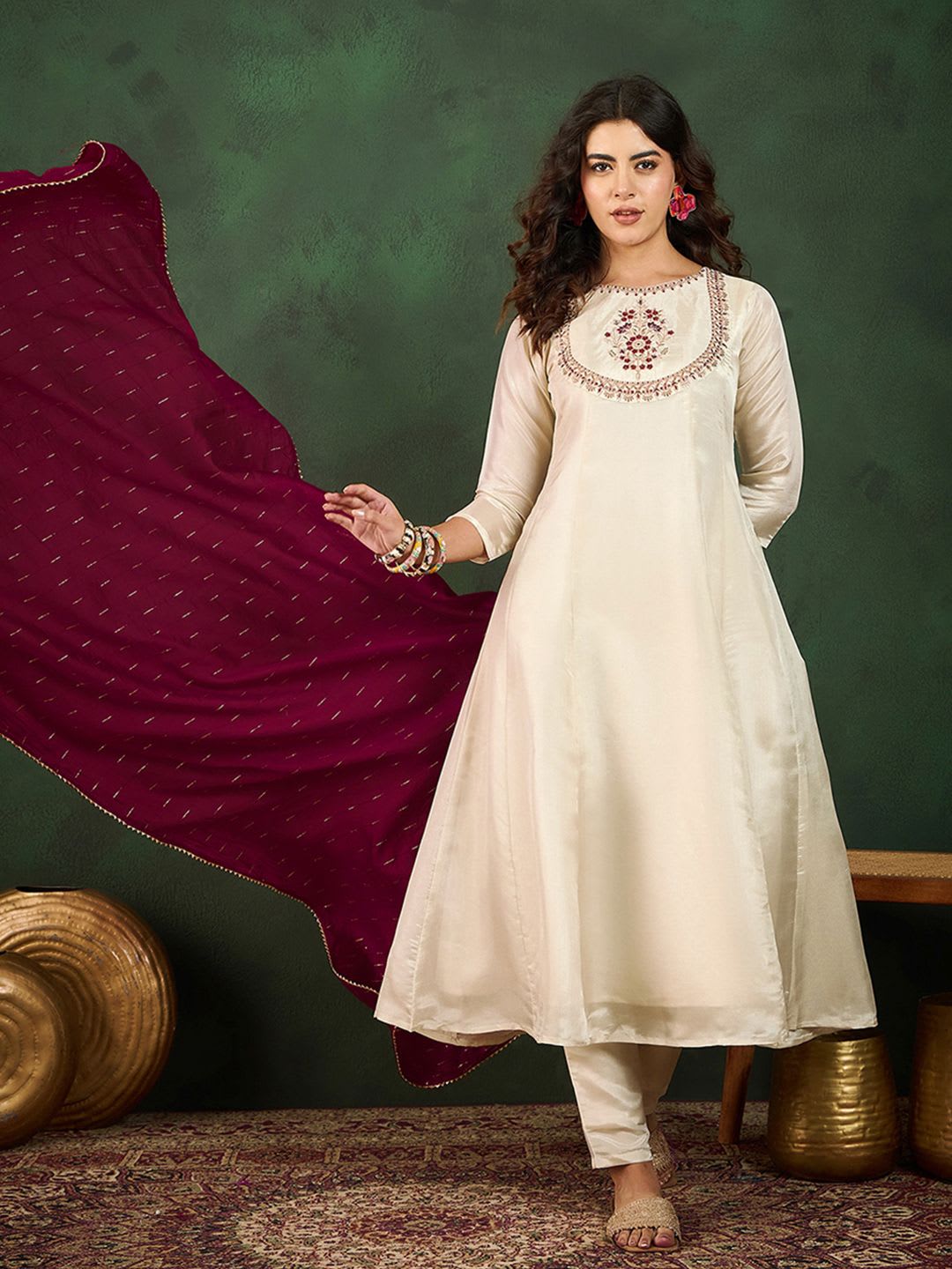 Sangria Round Neck Embroidered A-Line Kurta Sets - default view