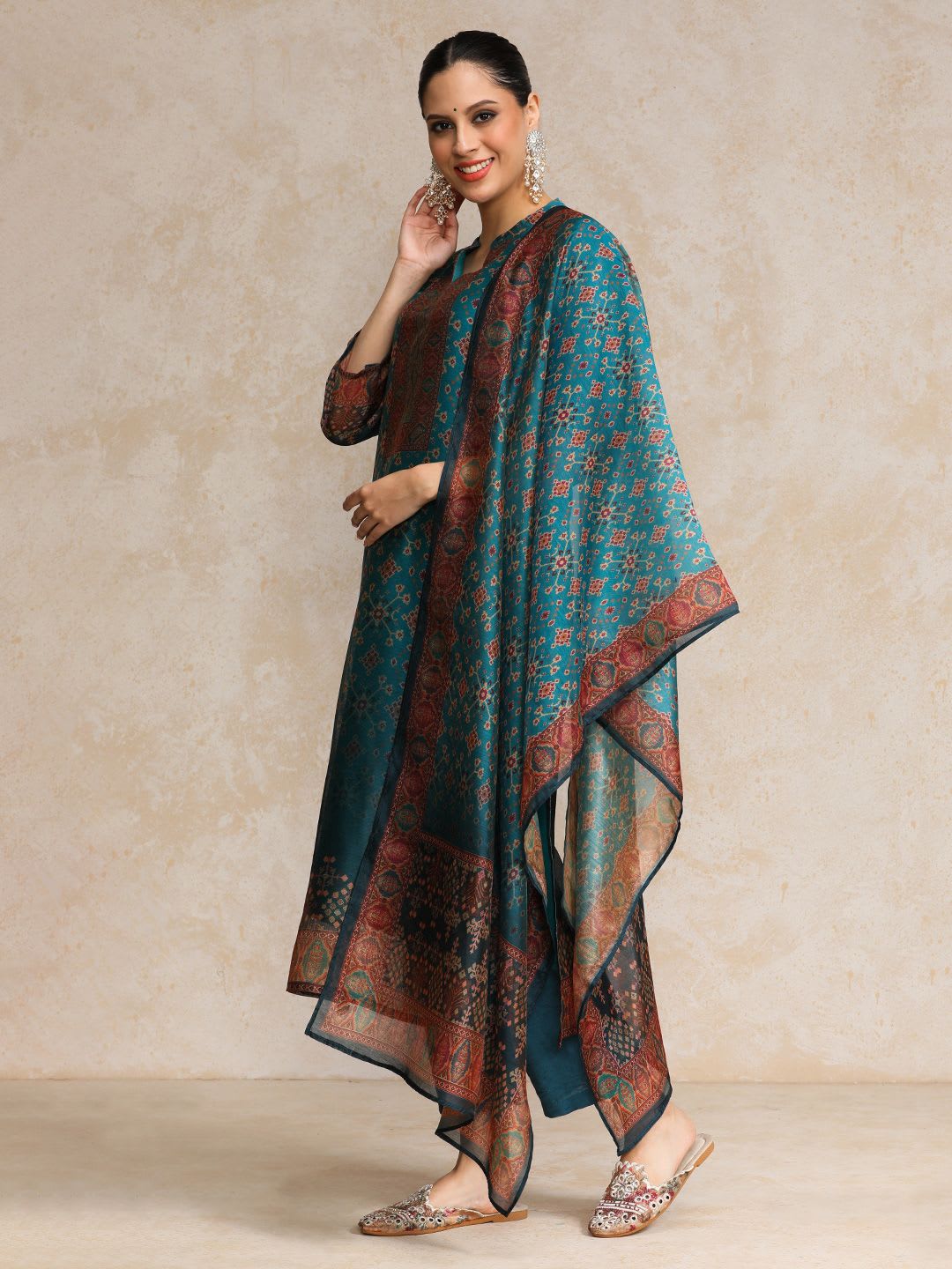 Varanga Women Printed Regular Chanderi Silk Kurta with Trousers & With Dupatta - right view