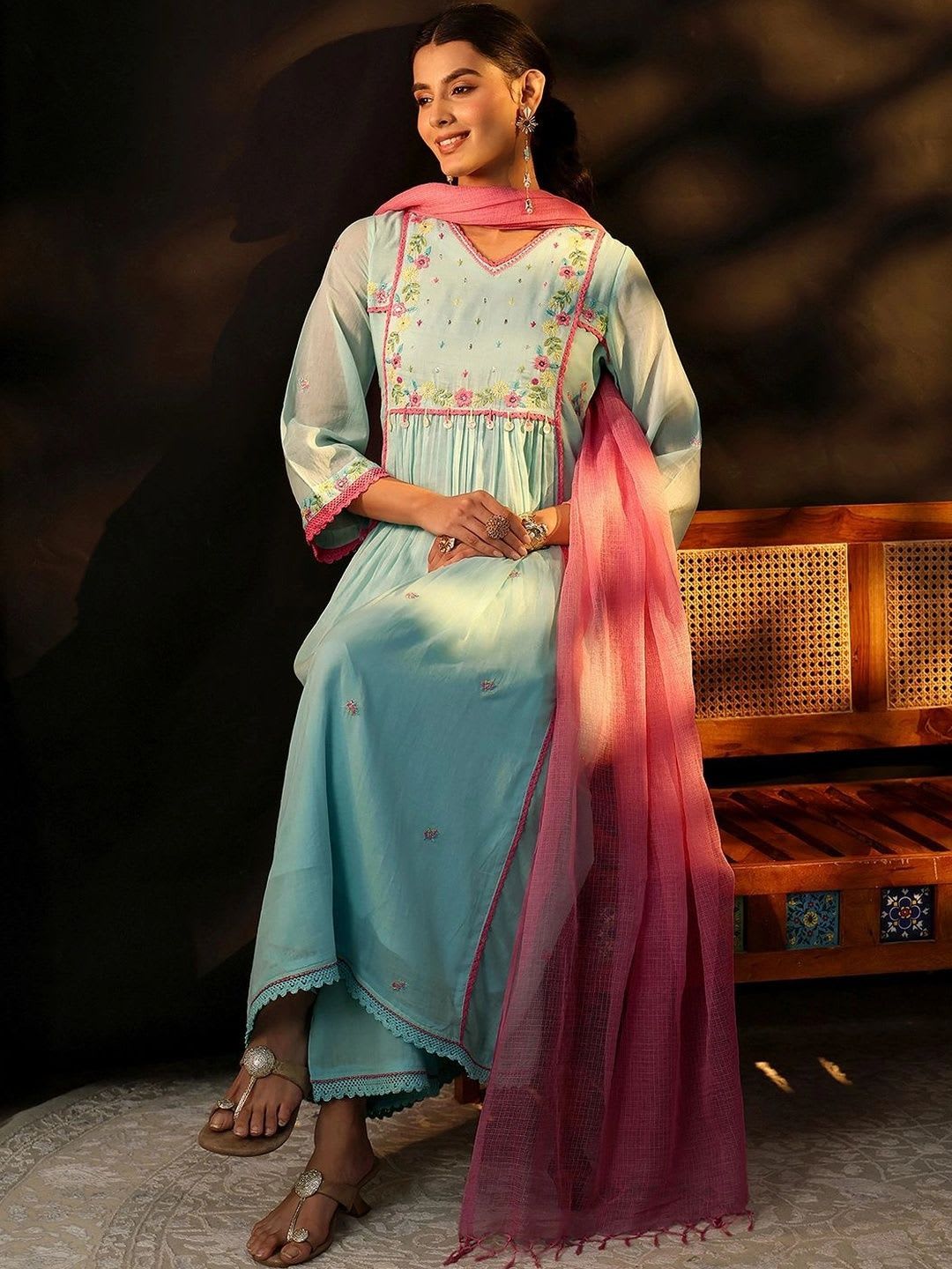 Libas Baby Blue Floral Embroidered Cotton Anarkali Suit Set - default view