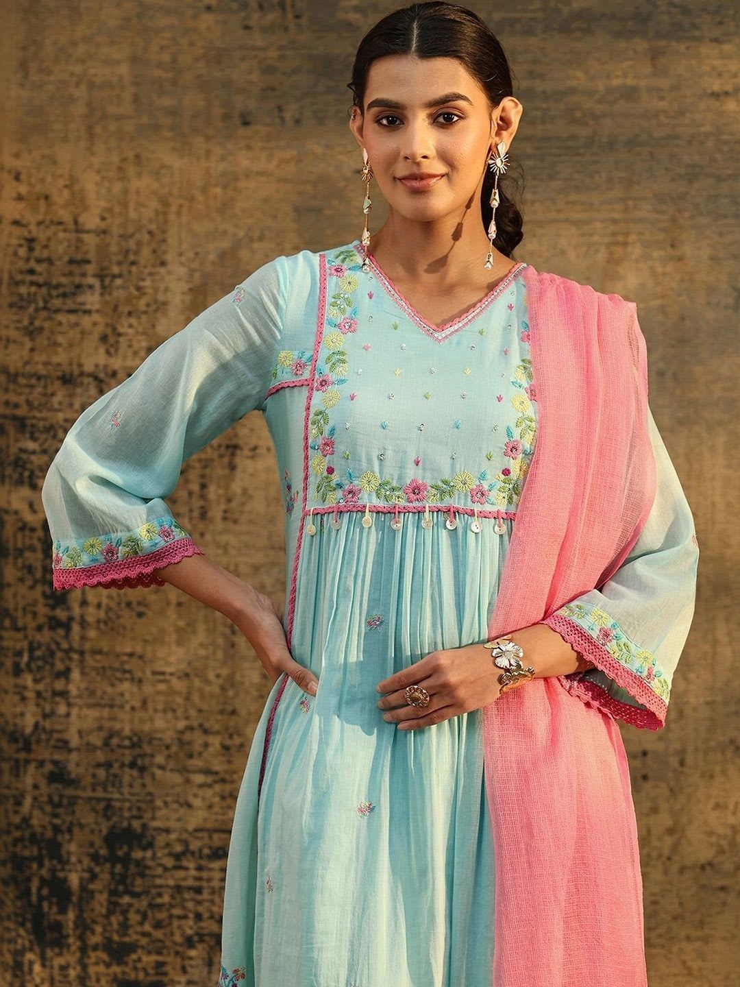 Libas Baby Blue Floral Embroidered Cotton Anarkali Suit Set - back view