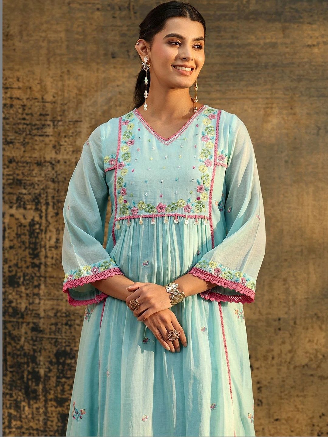 Libas Baby Blue Floral Embroidered Cotton Anarkali Suit Set - left view