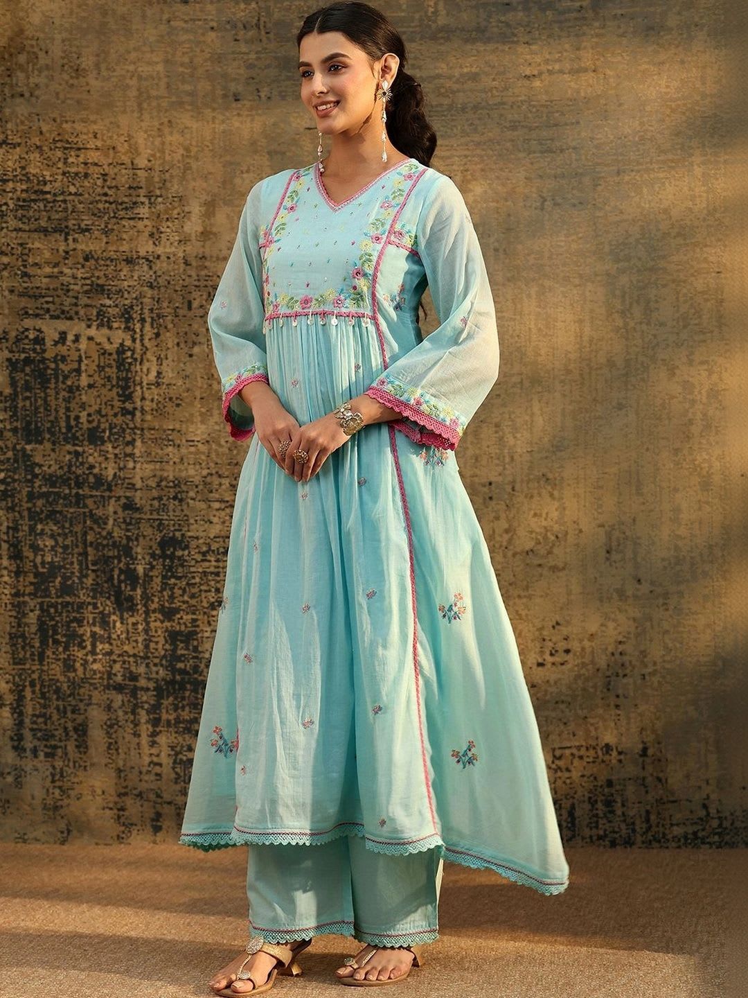 Libas Baby Blue Floral Embroidered Cotton Anarkali Suit Set - right view