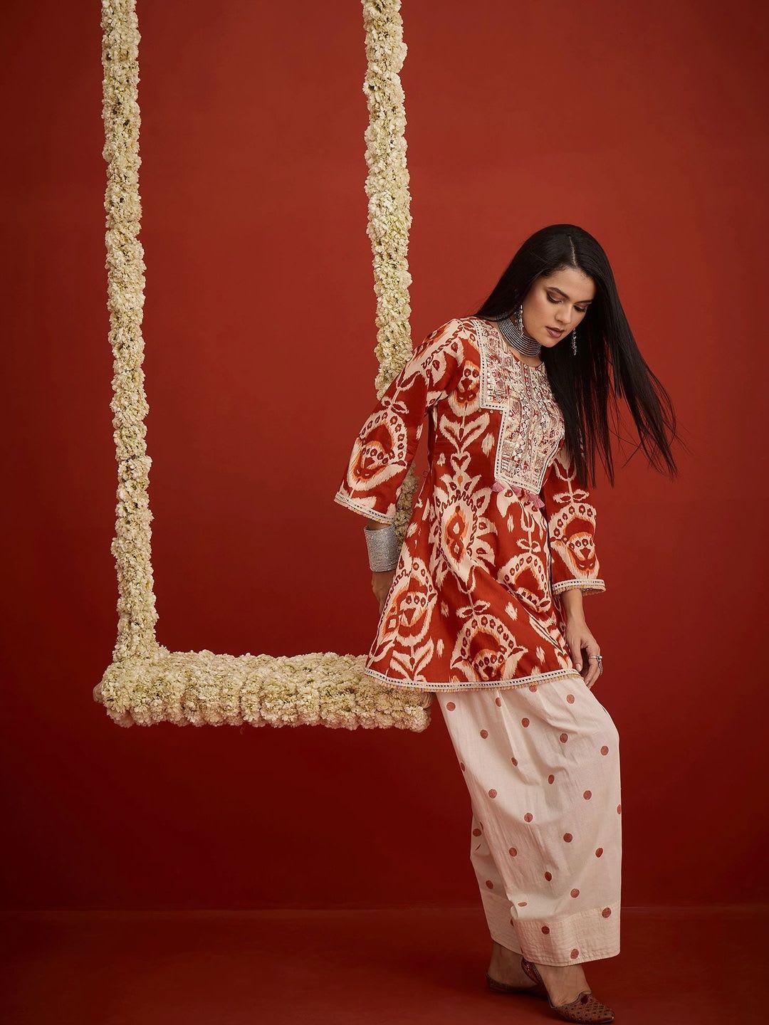 Stylum Women's Rust Ikat Printed & Embroidered Cotton A-Line Short Kurti With Farshi Slawar Set - left view