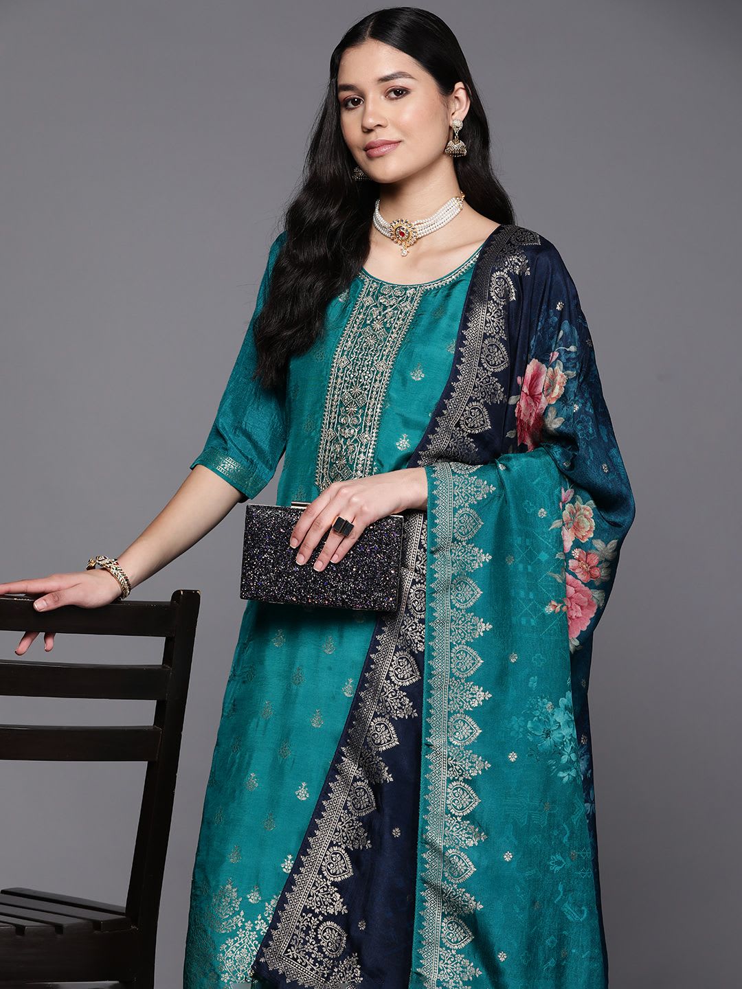 Libas Women Green Floral Pure Silk Kurta with Trousers & With Dupatta - default view