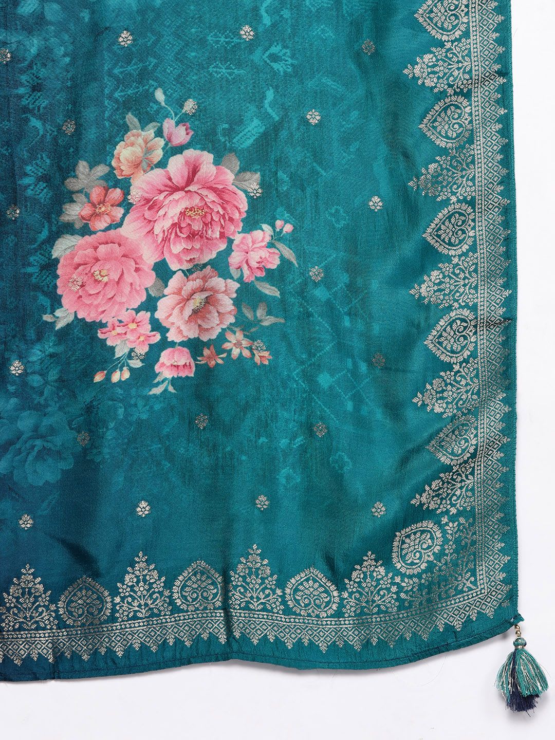 Libas Women Green Floral Pure Silk Kurta with Trousers & With Dupatta - right view