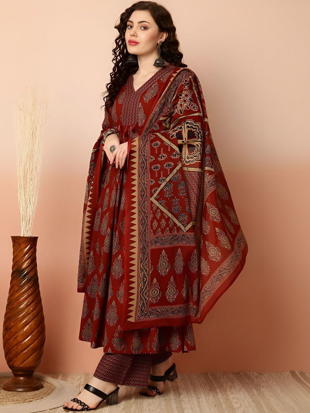 PinkLabel Women Ethnic Motifs Printed Empire Kurta with Palazzos & With Dupatta - back view