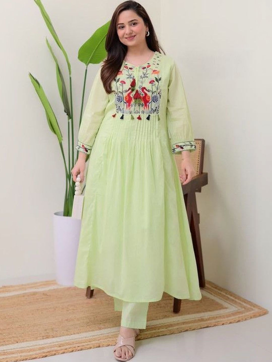 NAKSHKURTIS Ethnic Motifs Embroidered Panelled Thread Work Pure Cotton Kurta with Trousers - right view
