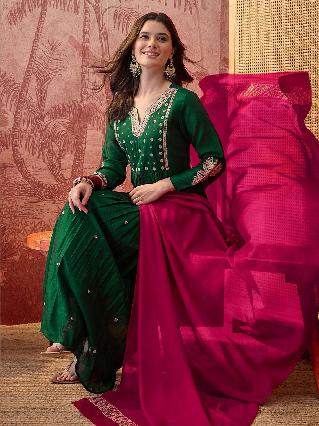 Sangria Embroidered Straight Kurta & Trousers With Dupatta - default view