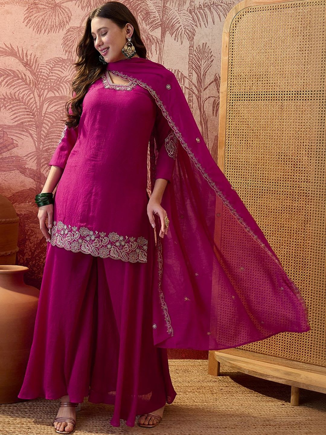 Sangria Embroidered V-Neck Straight Kurta With Palazzos & Dupatta - default view